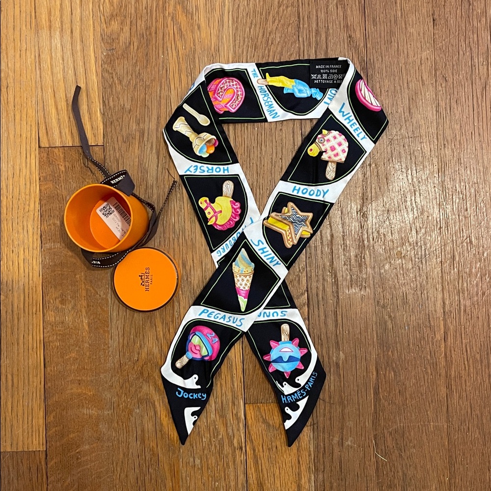 Hermes Black Twilly w/box and tags - Funny Ice Cream